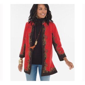 Chico's Womens Red Heritage Beaded Coji Jacket Beaded Trim‎ Size 3 Artsy Boho